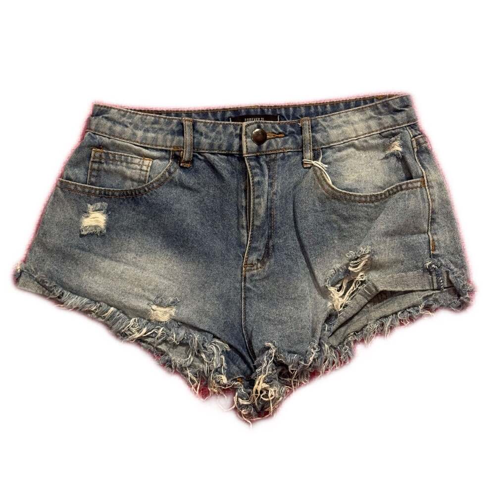 Forever 21 Distressed Denim Jean Shorts, Frayed Hem, Light Wash